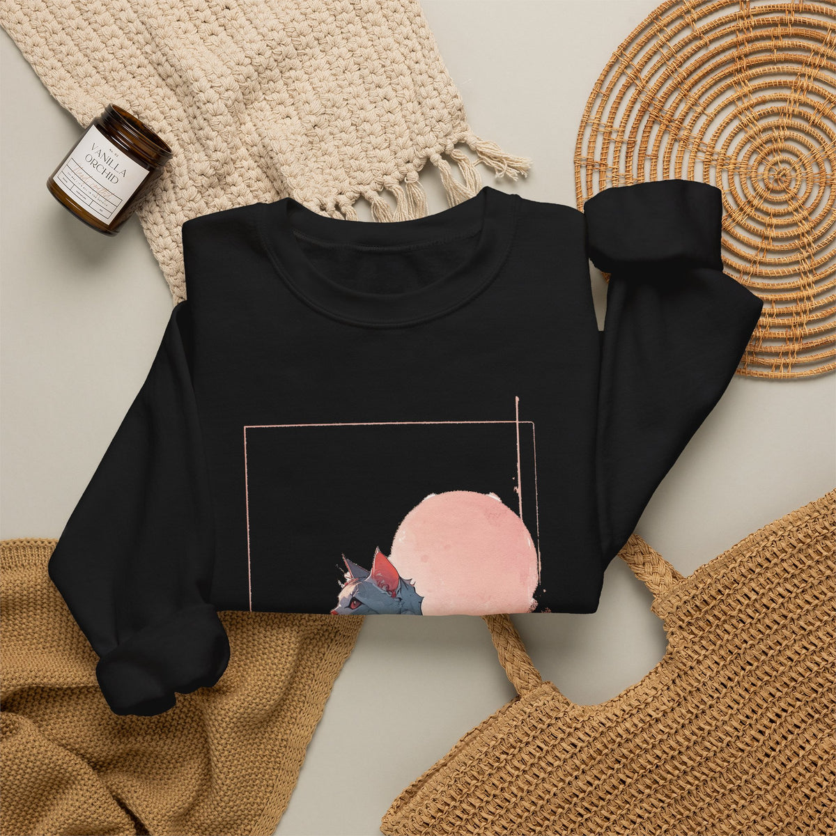 Watercolor Cat Sweatshirt, Minimalist Pink Sun Cat Crewneck, Japanese Style Cat Lover Pullover