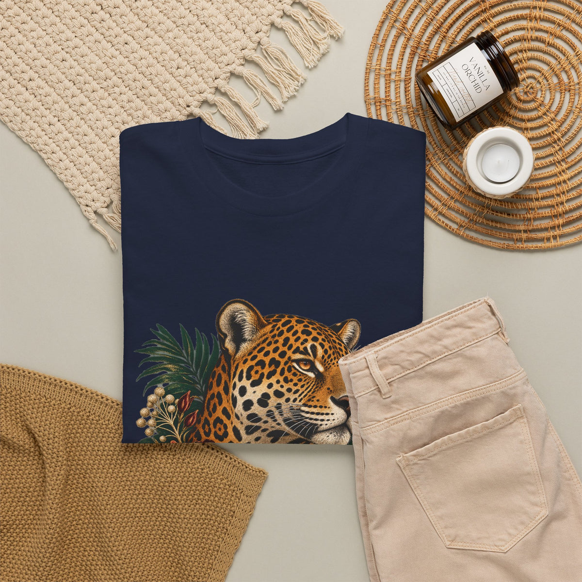Jaguar Hibiscus Tropical T-Shirt Big Cat Floral Portrait Tee