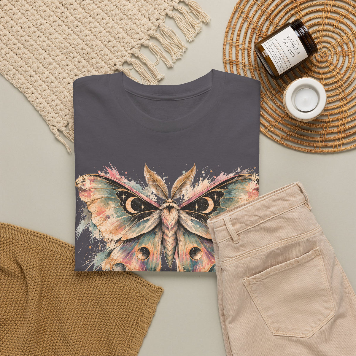 Celestial Luna Moth T-Shirt, Pastel Watercolor Moth Crescent Moon Stars Paint Drip Graphic Tee Unisex