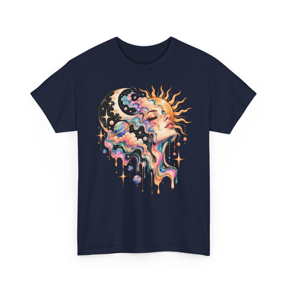 Celestial Sun and Moon Woman T-Shirt, Pastel Cloud Hair Melting Drip Planets Stars Graphic Tee Unisex