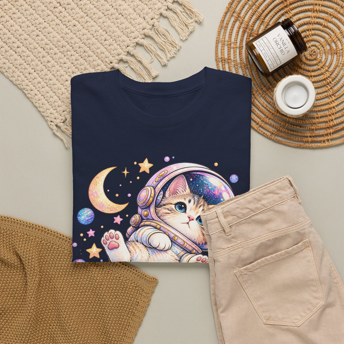Astronaut Kitten T-Shirt, Cute Pastel Space Cat Helmet Moon Planets Stars Graphic Tee Unisex