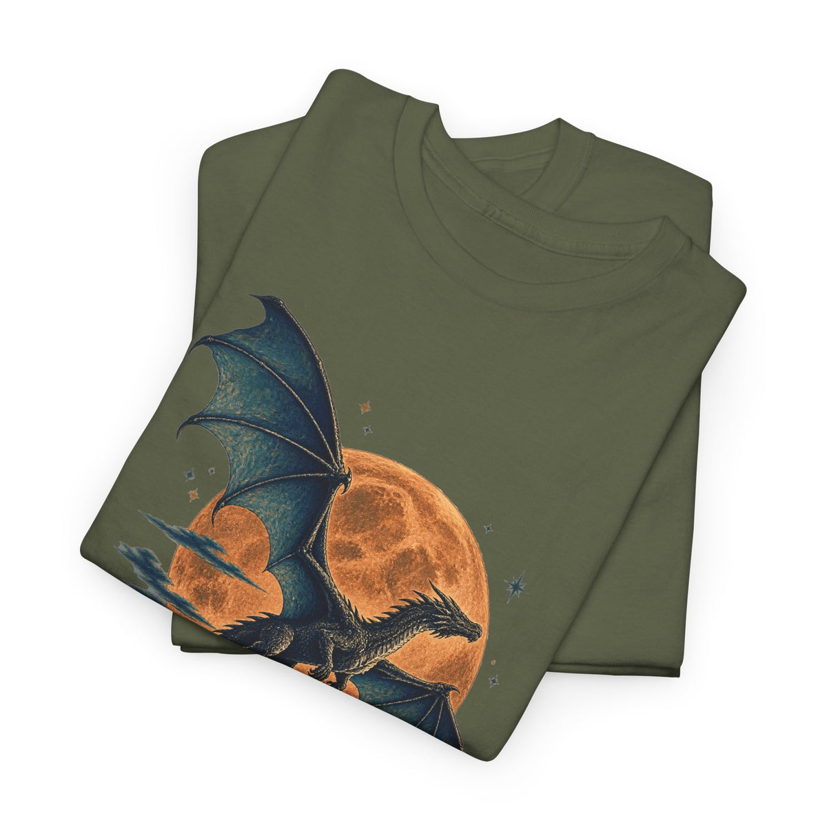 Dragon Full Moon Pine Forest T-Shirt Woodcut Fantasy Dragon Orange Moon Mountains Tee