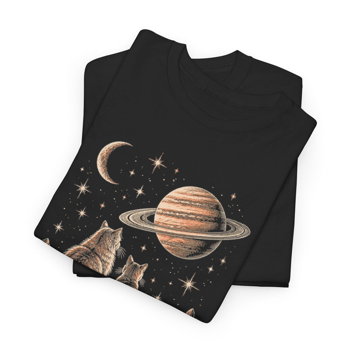 Celestial Space Cats T-Shirt Vintage Woodcut Cats Watching Stars Moon Saturn Tee