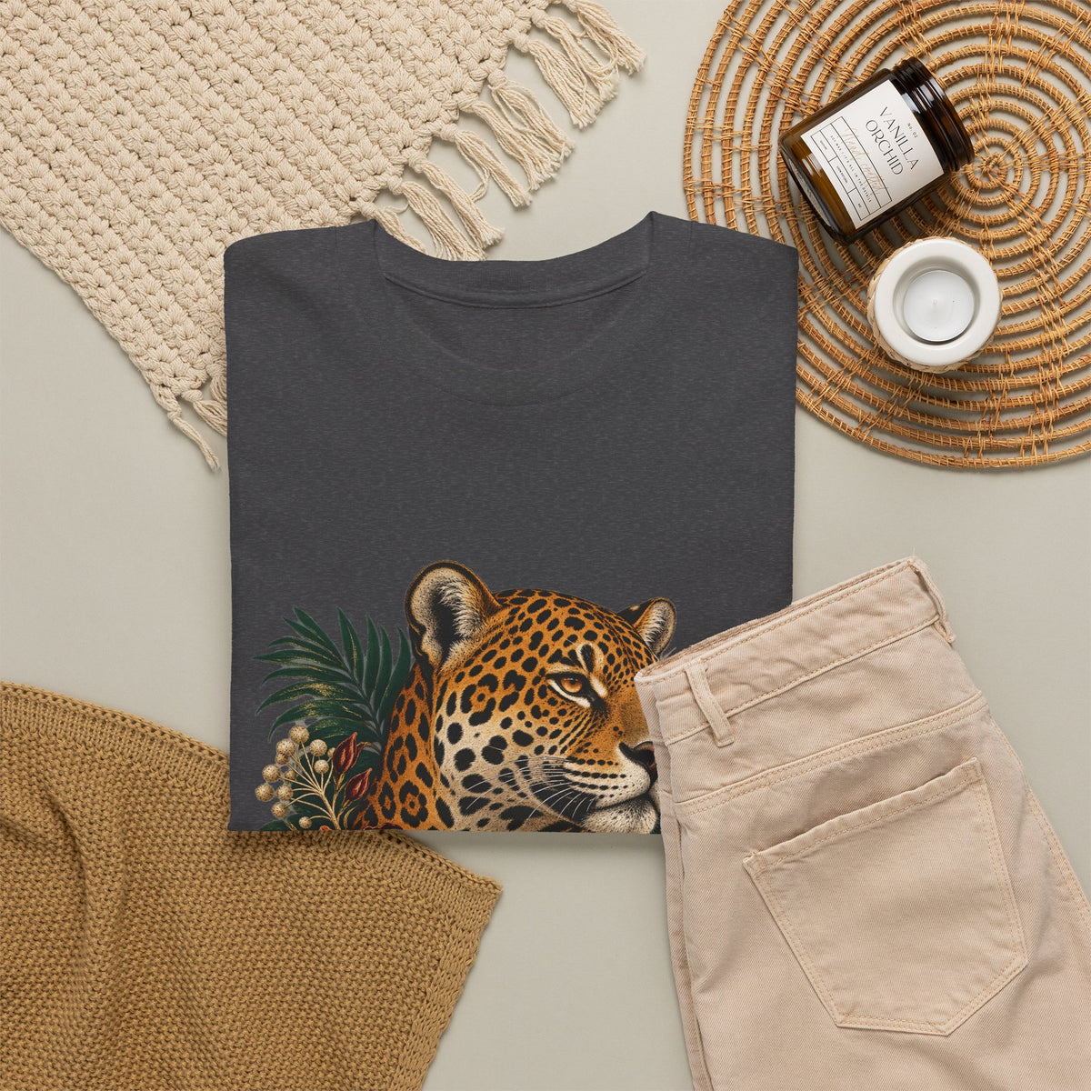 Jaguar Hibiscus Tropical T-Shirt Big Cat Floral Portrait Tee