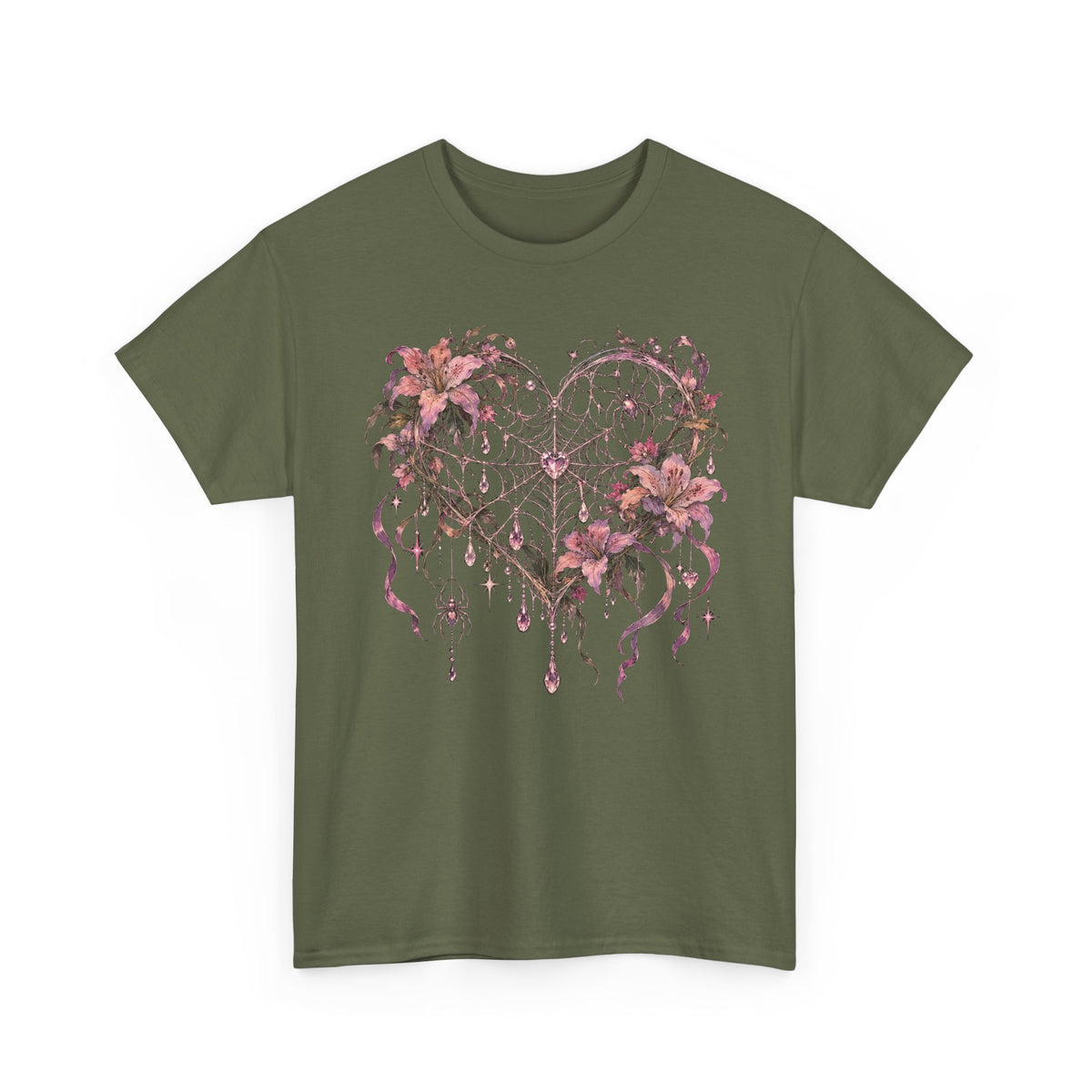 Gothic Spiderweb Heart T-Shirt Pink Lilies Crystal Pastel Goth Graphic Tee