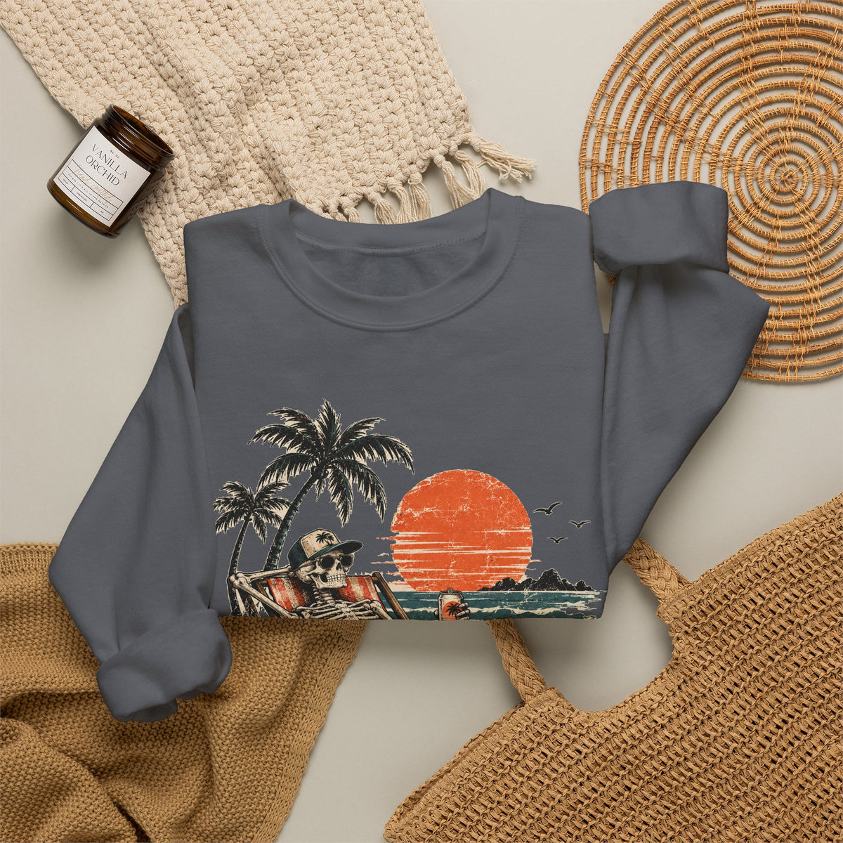 Beach Skeleton Sunset Sweatshirt Palm Trees Vacation Mode Skeleton Crewneck