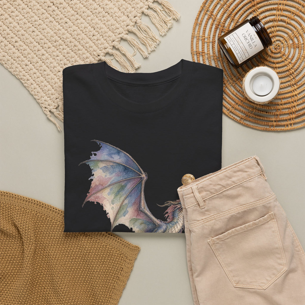 Watercolor Celestial Dragon Moon T-Shirt Fantasy Dragon Full Moon Clouds Dark Tee