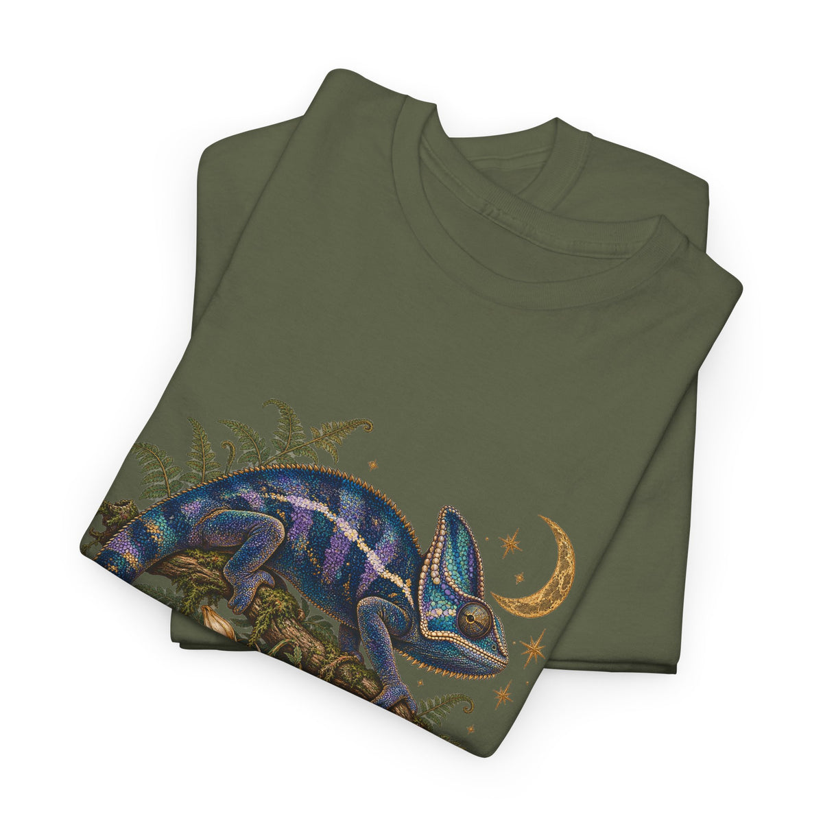 Night Bloom Chameleon T-Shirt Celestial Crescent Moon Ferns Reptile Tee