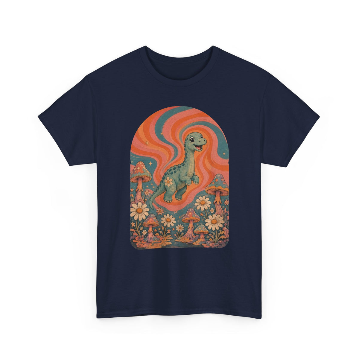 Groovy Brontosaurus T-Shirt Retro 70s Dinosaur Mushrooms Daisies Tee