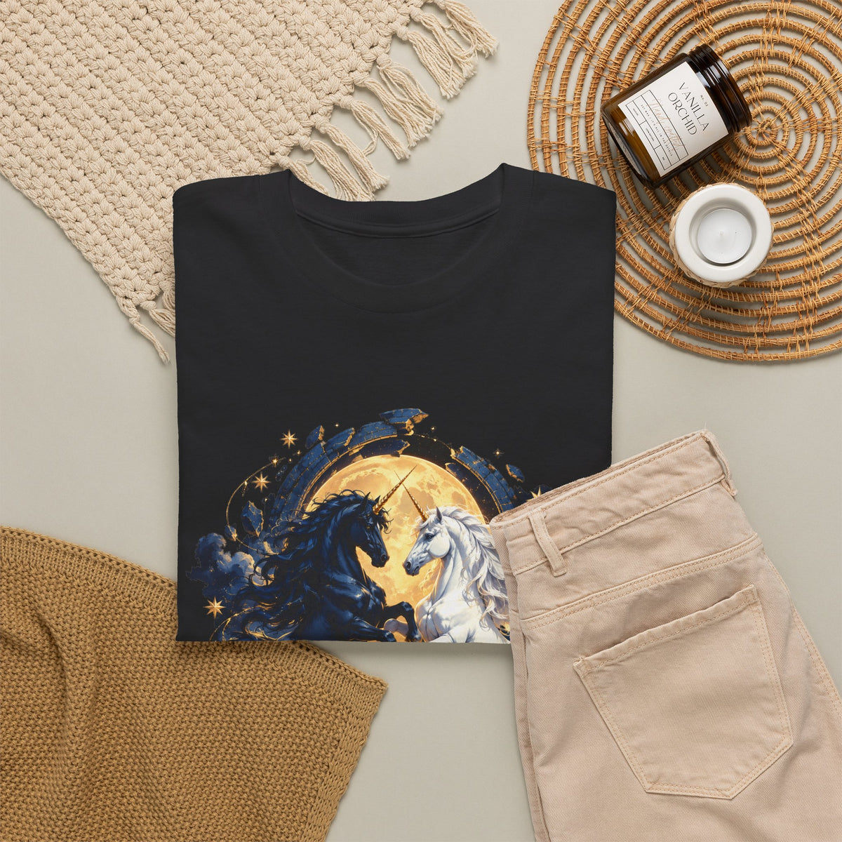 Black and White Unicorns T-Shirt Gold Moon Fantasy Unicorn Art