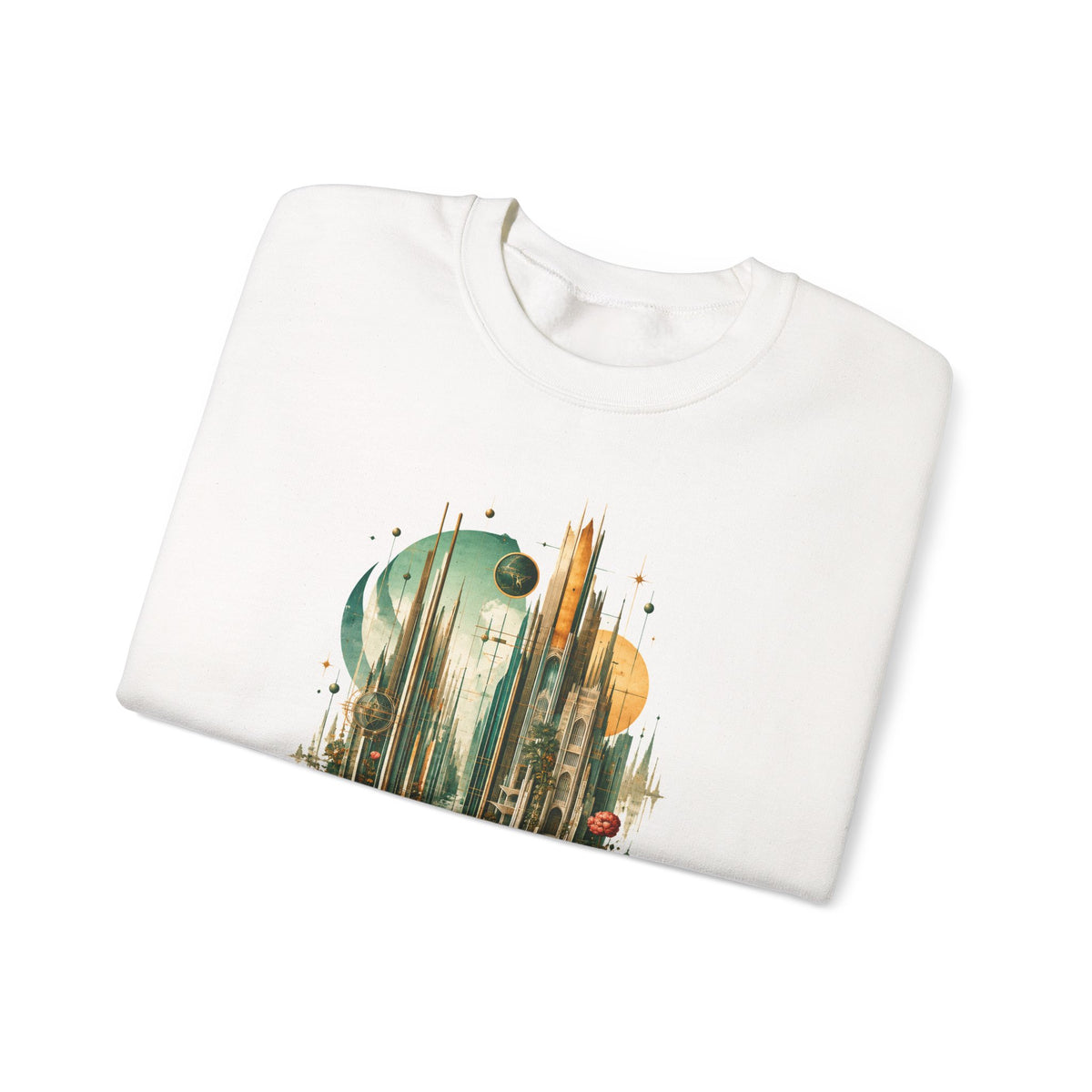 Art Deco Emerald City Crewneck Sweatshirt Gold Fantasy Skyline Roses Stairway Art