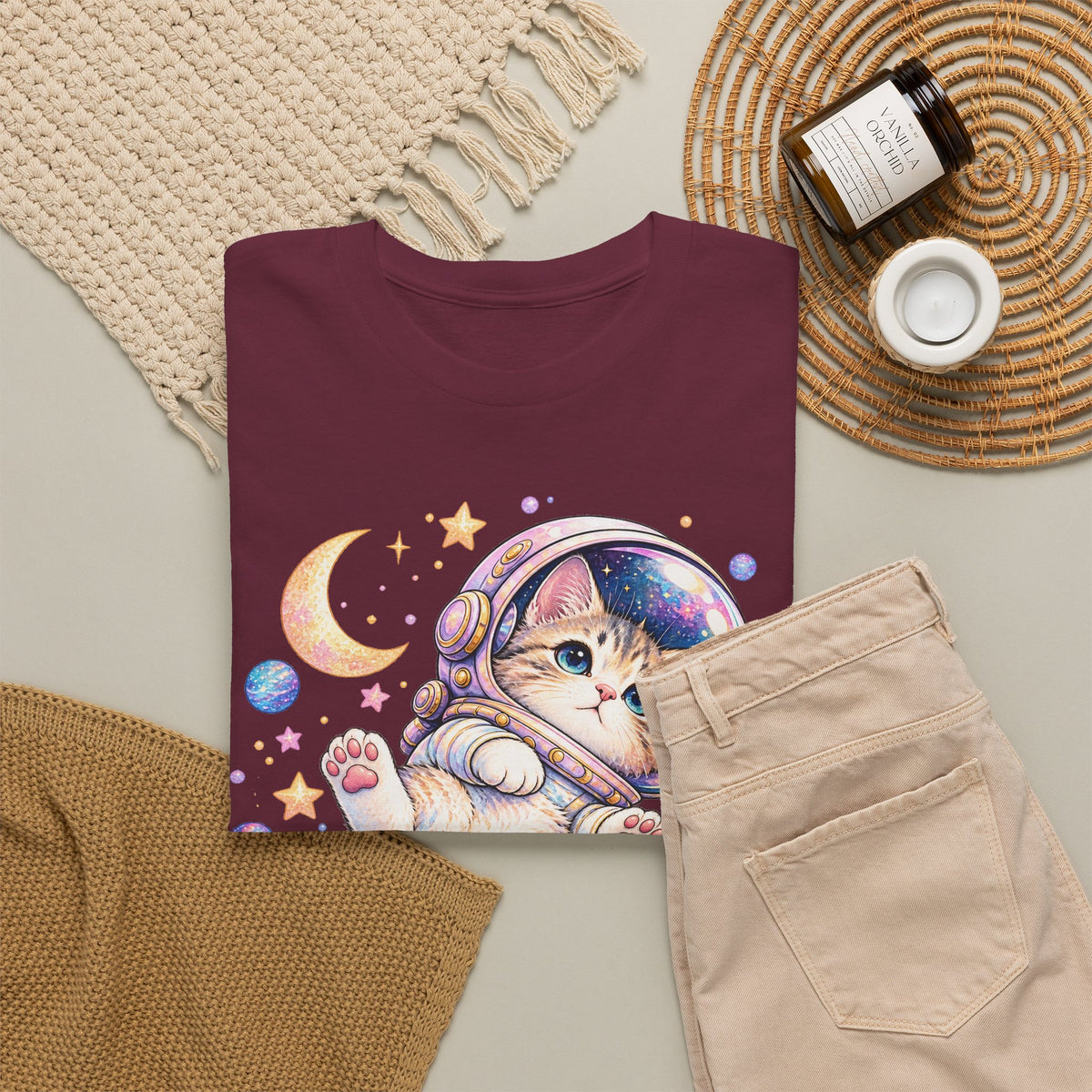 Astronaut Kitten T-Shirt, Cute Pastel Space Cat Helmet Moon Planets Stars Graphic Tee Unisex