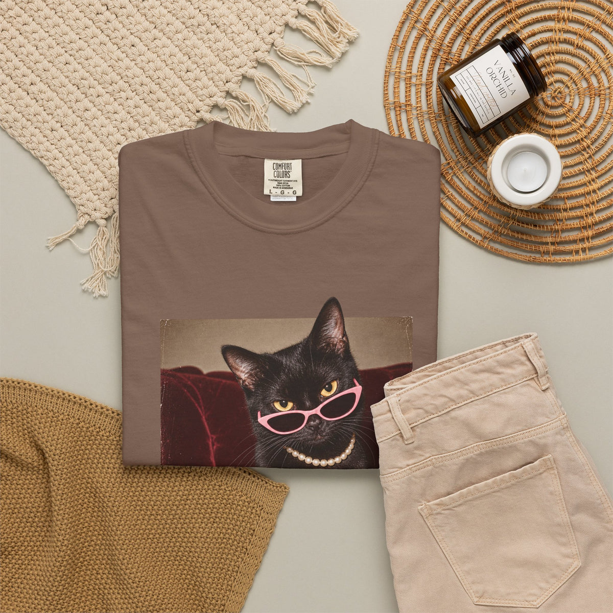 Respectfully What the Fluff Funny Cat Tee Black Cat Sunglasses Pearls Shirt