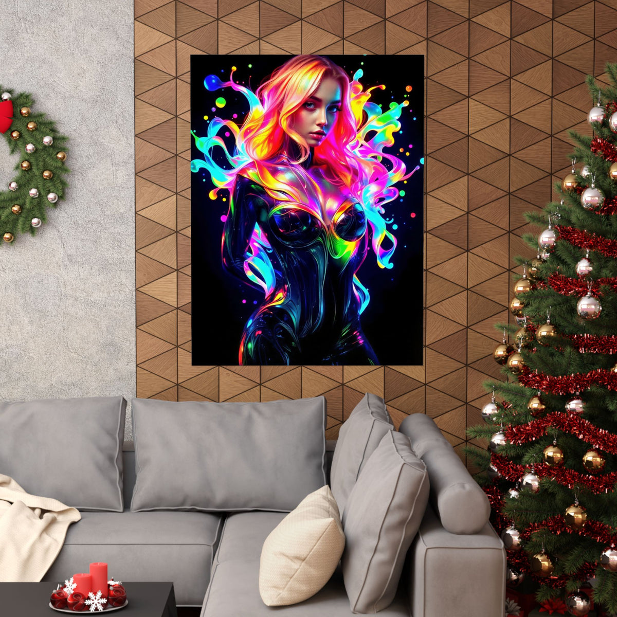 Neon Splash Rainbow Hair Woman Poster Matte Vertical Wall Art