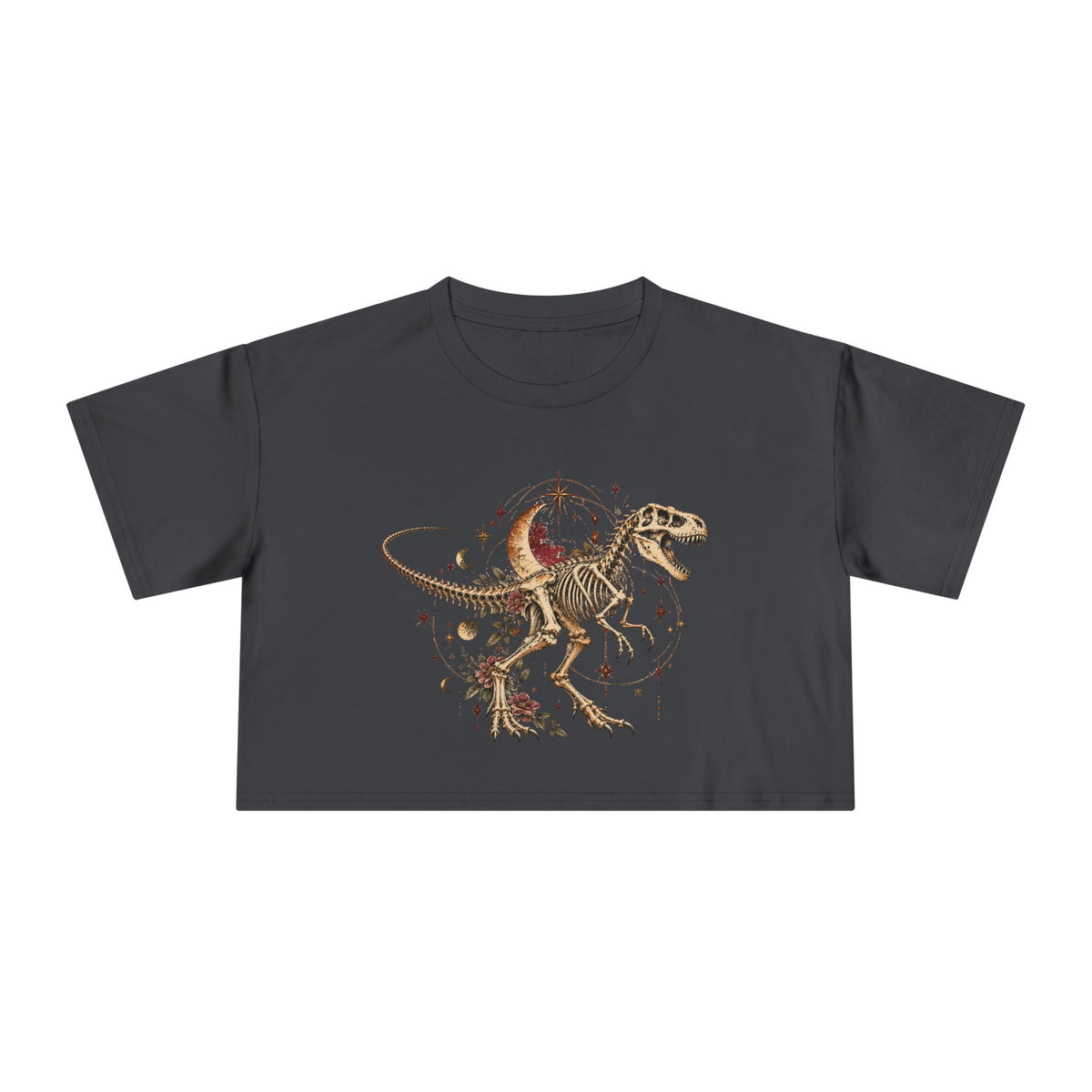 Celestial T-Rex Skeleton Crop Tee, Dark Academia Moon Stars Floral Dinosaur Women's Cropped T-Shirt