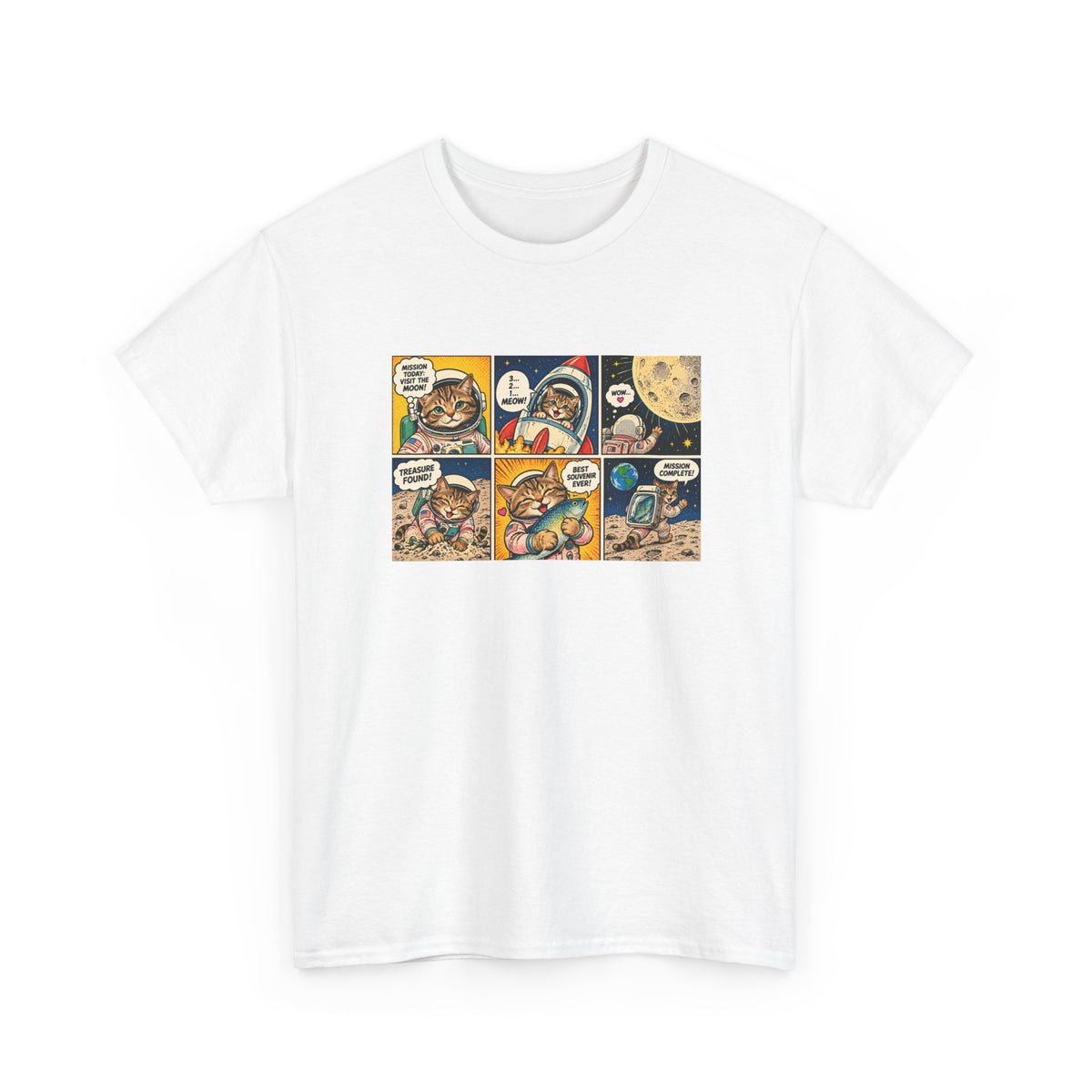 Astronaut Cat Comic T-Shirt, Space Cat Moon Mission Fish Funny Comic Strip Graphic Tee Unisex