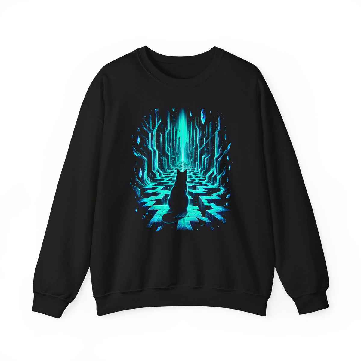 Glowing Crystal Maze Cat Sweatshirt Black Cat Neon Teal Labyrinth Fantasy Crewneck