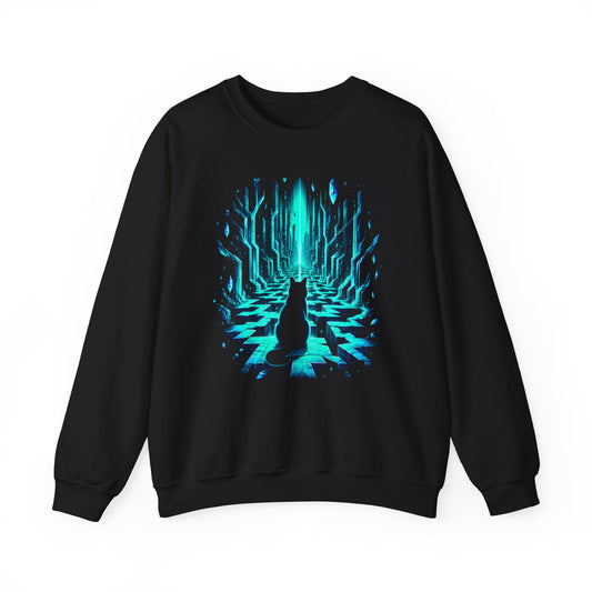 Glowing Crystal Maze Cat Sweatshirt Black Cat Neon Teal Labyrinth Fantasy Crewneck