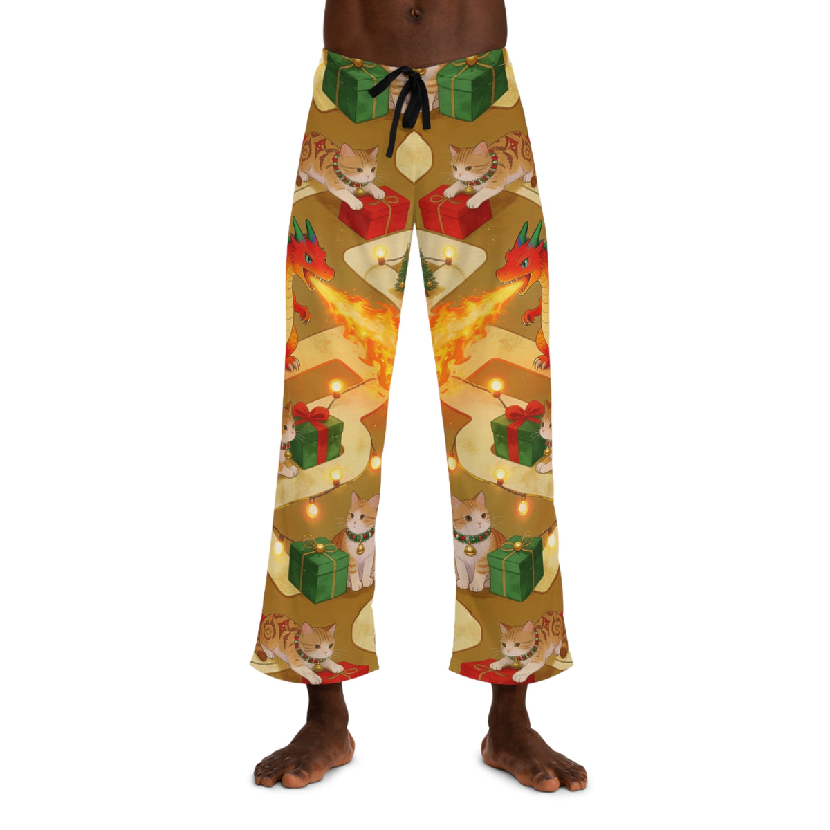 Christmas Dragon and Cats Mens Pajama Pants Dragon Cat Holiday Sleep Pants