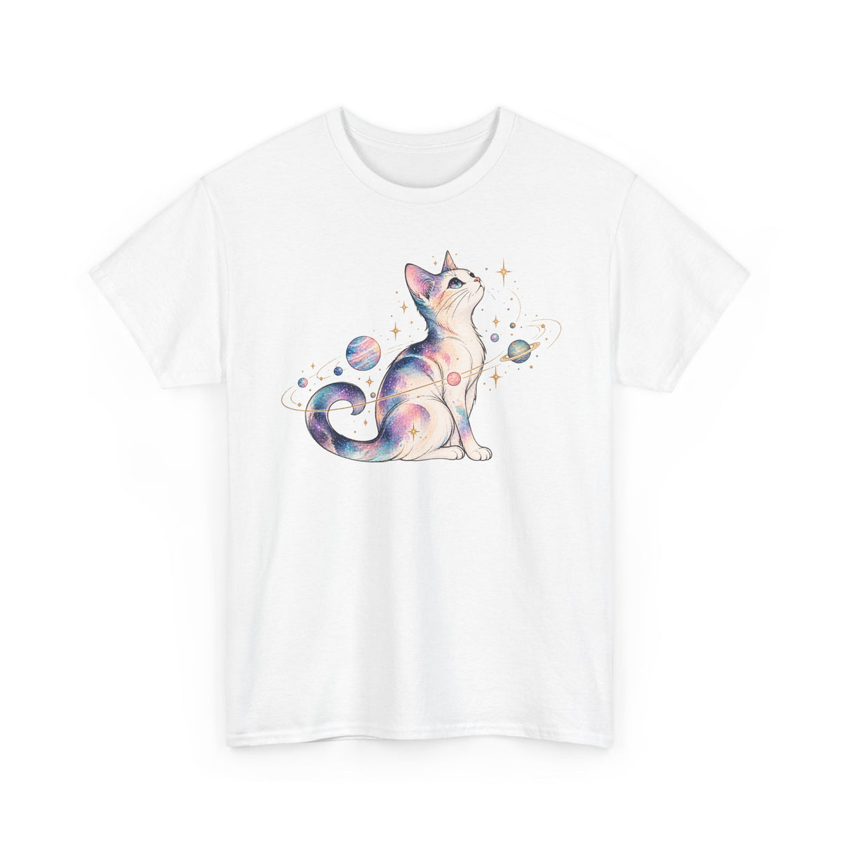 Cosmic Galaxy Cat T-Shirt, Pastel Watercolor Cat Planets Gold Stars Celestial Graphic Tee Unisex