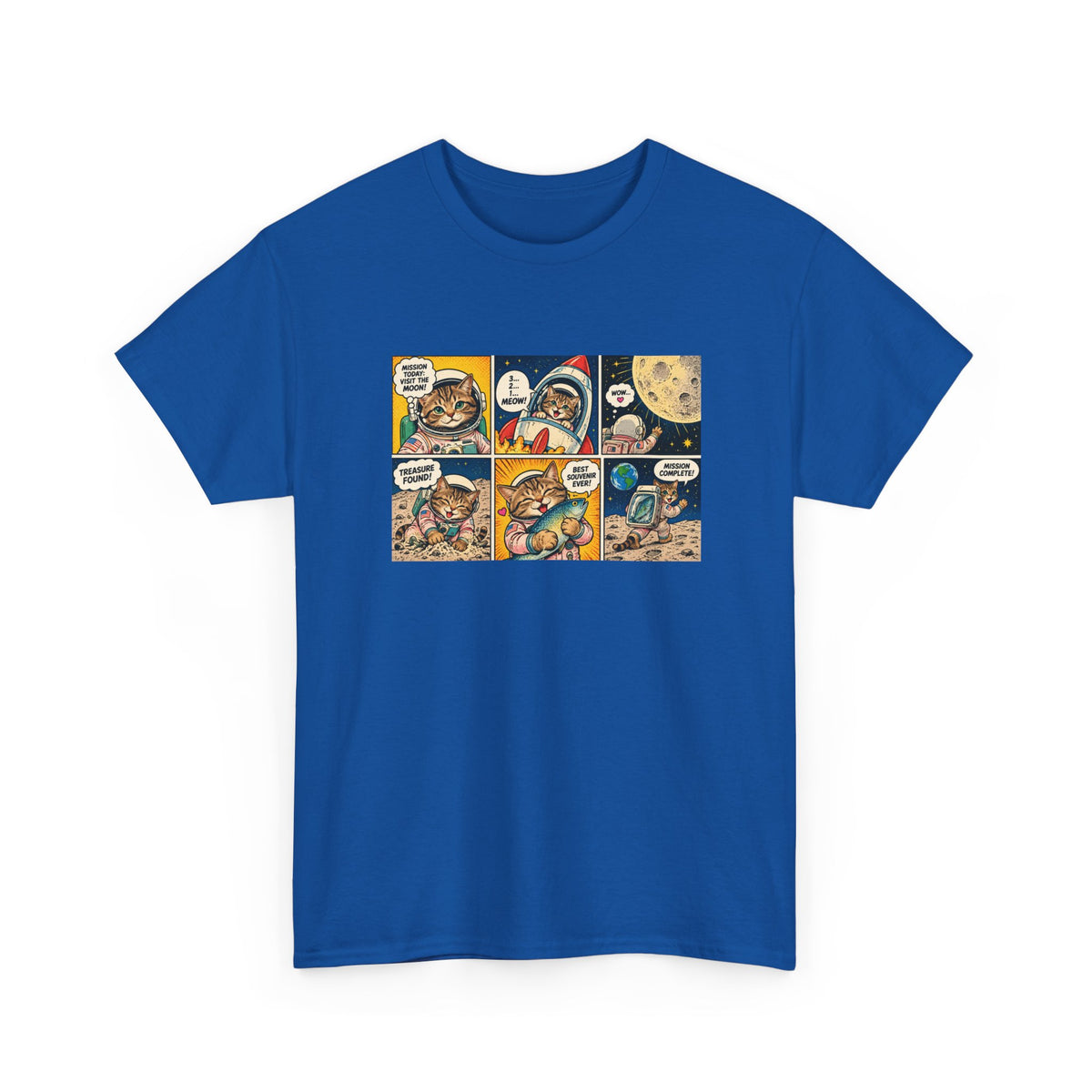 Astronaut Cat Comic T-Shirt, Space Cat Moon Mission Fish Funny Comic Strip Graphic Tee Unisex
