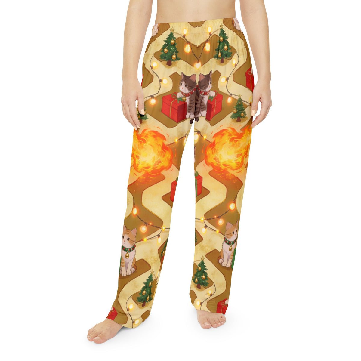 Christmas Dragon and Cats Pajama Pants Women Dragon Cat Holiday Lounge Pants