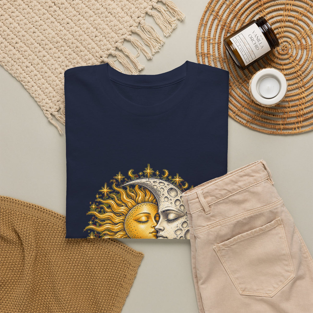 Celestial Sun and Moon Kiss T-Shirt Gold Silver Stars Romance Woodcut Tee