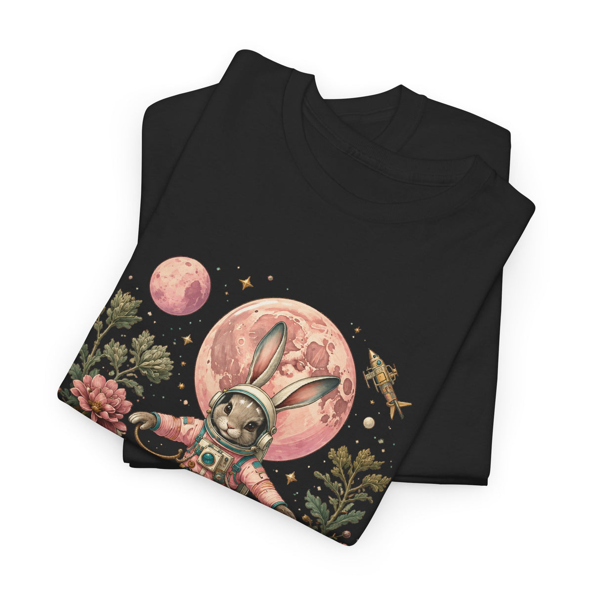 Bunny Astronaut T-Shirt Pink Moon Space Rabbit Flowers Rocket Tee