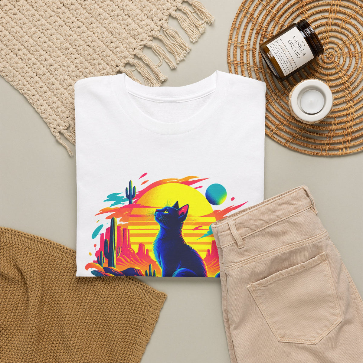 Neon Desert Black Cat T-Shirt Synthwave Sunset Cactus Oasis Cat Lover Tee