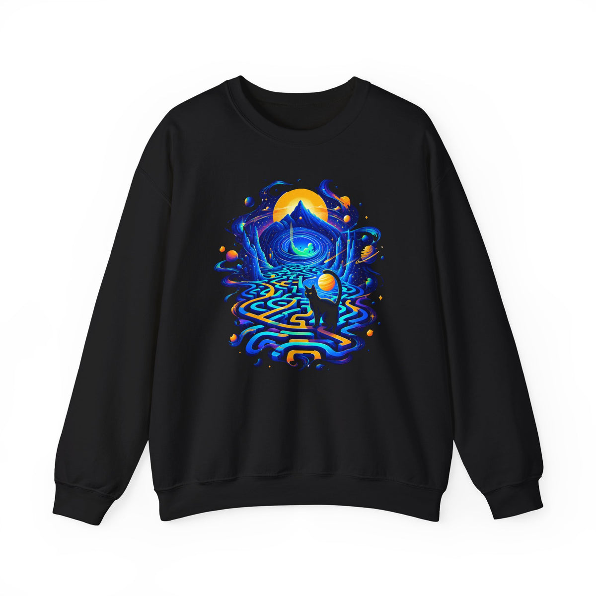 Cosmic Black Cat Maze Sweatshirt Celestial Galaxy Labyrinth Cat Lover Crewneck