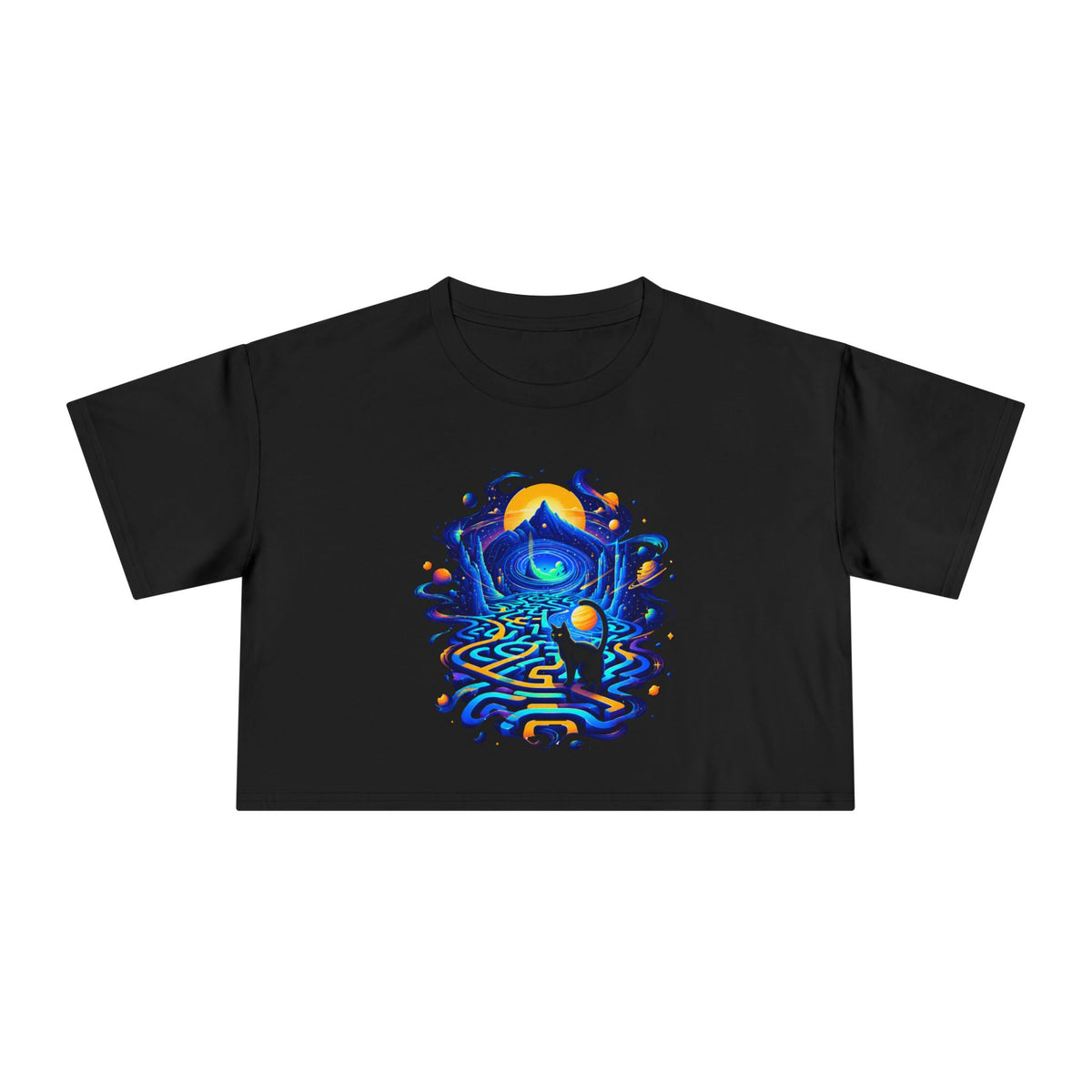 Cosmic Black Cat Maze Crop Tee, Neon Blue Gold Labyrinth Portal Sun Mountain Celestial Women's Cropped T-Shirt