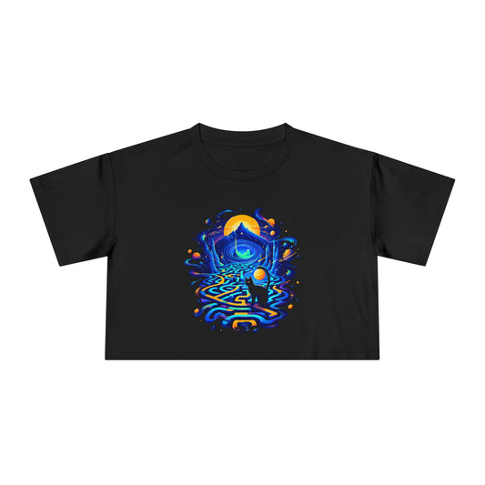 Cosmic Black Cat Maze Crop Tee, Neon Blue Gold Labyrinth Portal Sun Mountain Celestial Women's Cropped T-Shirt