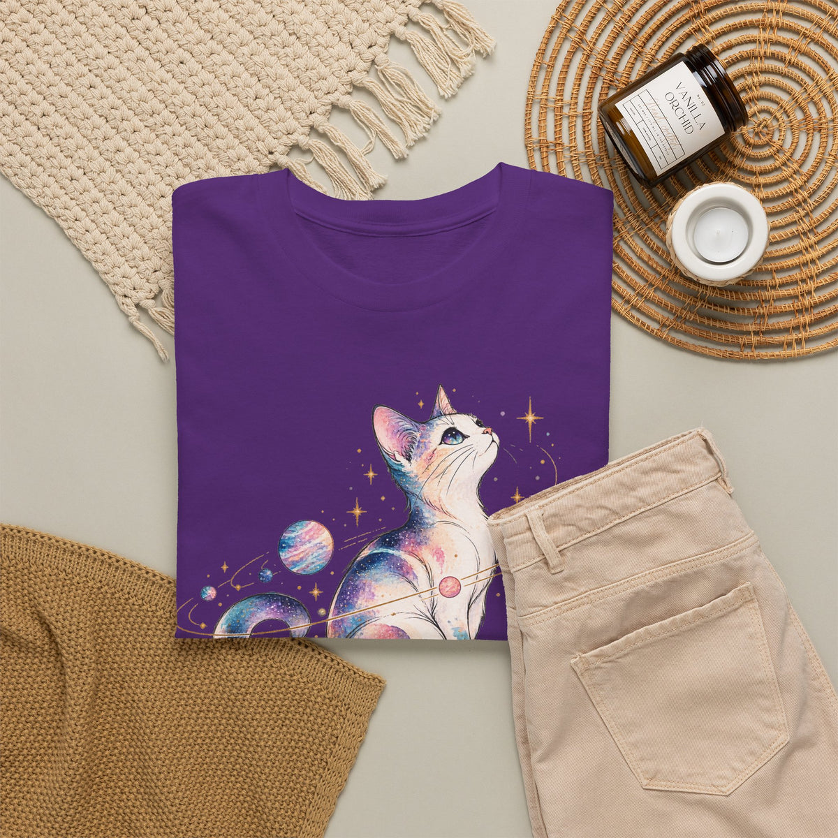 Cosmic Galaxy Cat T-Shirt, Pastel Watercolor Cat Planets Gold Stars Celestial Graphic Tee Unisex