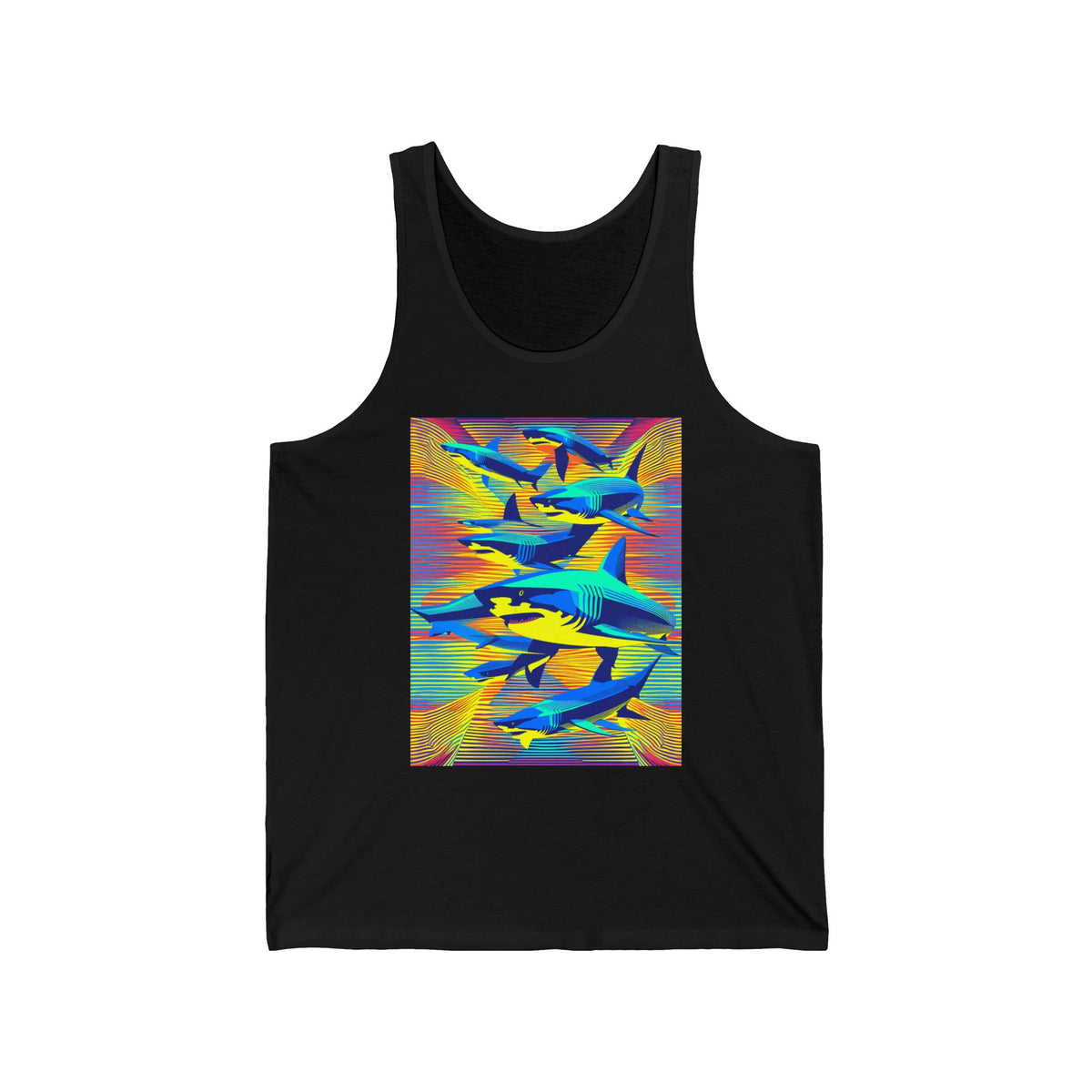 Neon Sharks Swimming Pattern Graphic Tank Top Unisex Jersey Tank