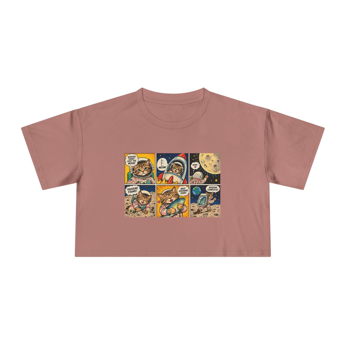 Astronaut Cat Comic Crop Tee, Space Cat Moon Mission Fish Funny Comic Strip Women's Cropped T-Shirt