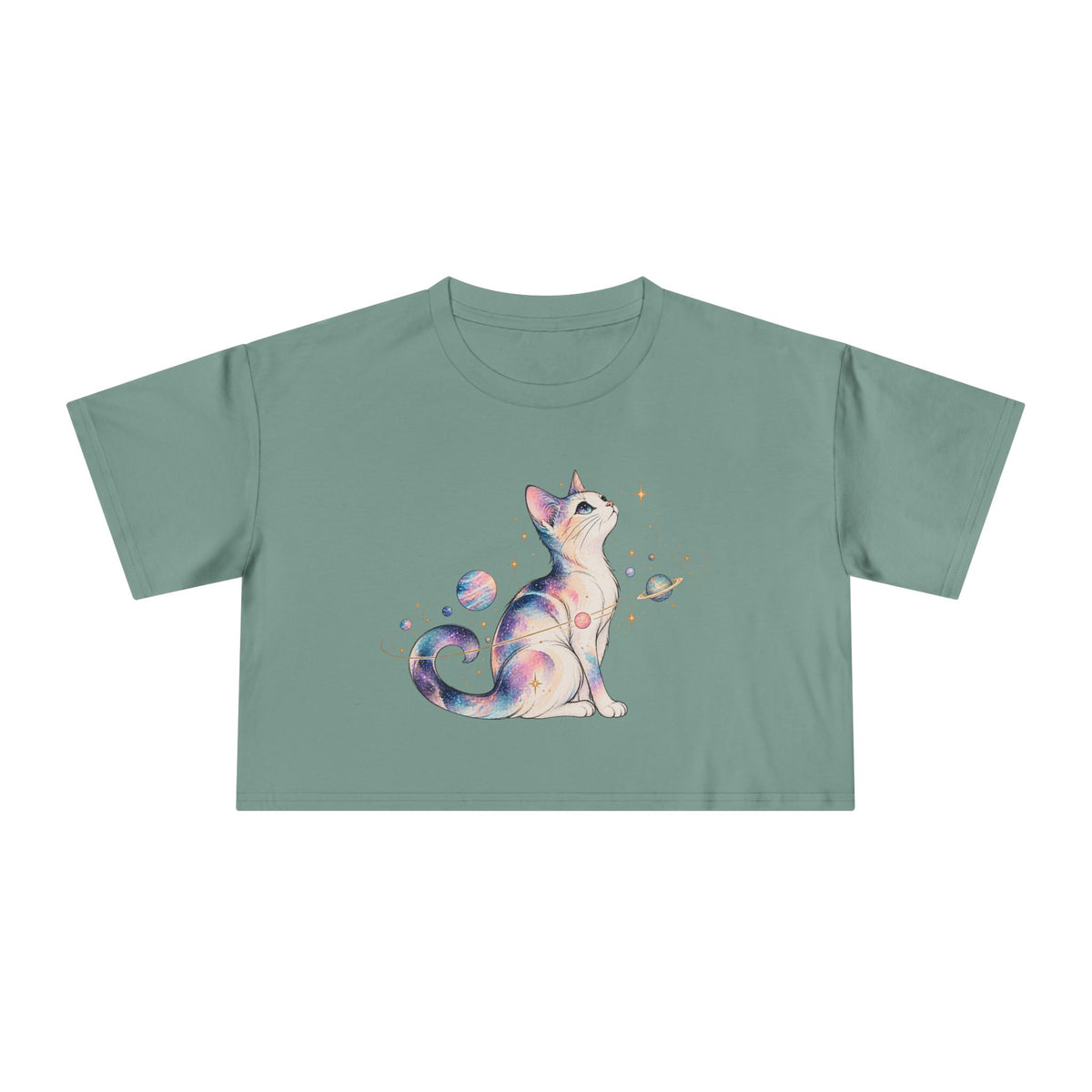 Cosmic Galaxy Cat Crop Tee, Pastel Watercolor Cat Planets Gold Stars Celestial Women's Cropped T-Shirt