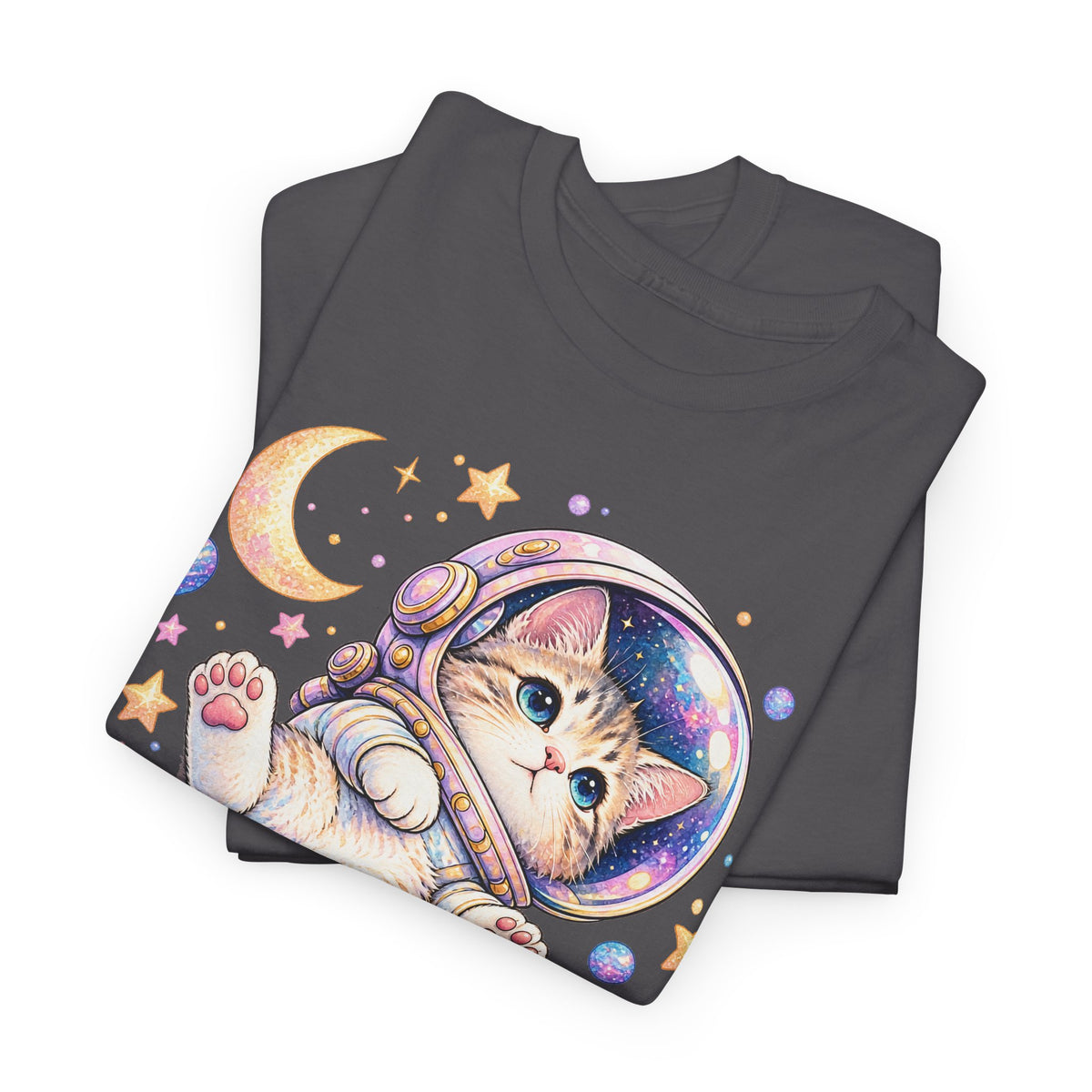 Astronaut Kitten T-Shirt, Cute Pastel Space Cat Helmet Moon Planets Stars Graphic Tee Unisex