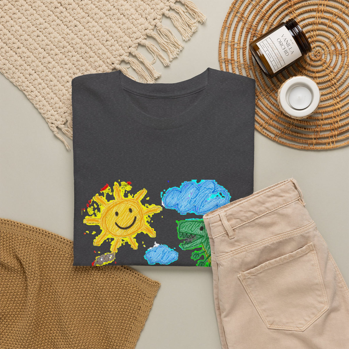 Kids Crayon Drawing T-Shirt Dinosaur Dog Sun House Cute Childlike Art Tee