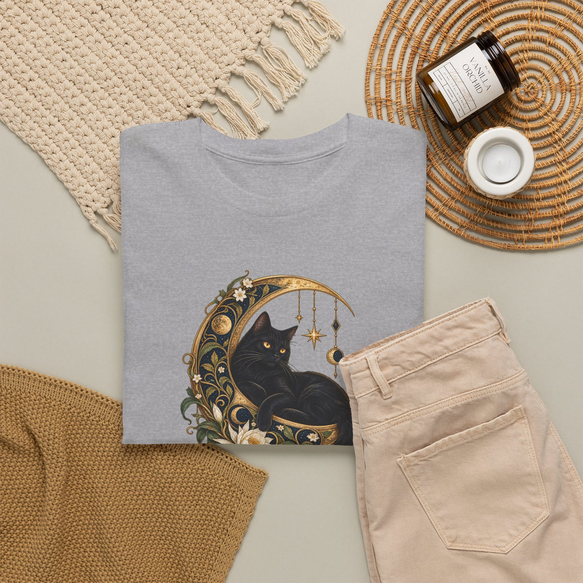 Black Cat Golden Moon T-Shirt Celestial Witchy Cat Lover Tee