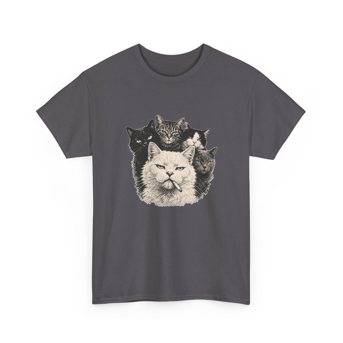 Vintage Grumpy Cats Crew T-Shirt Woodcut Smoking Cat Gang Retro Tattoo Style Tee