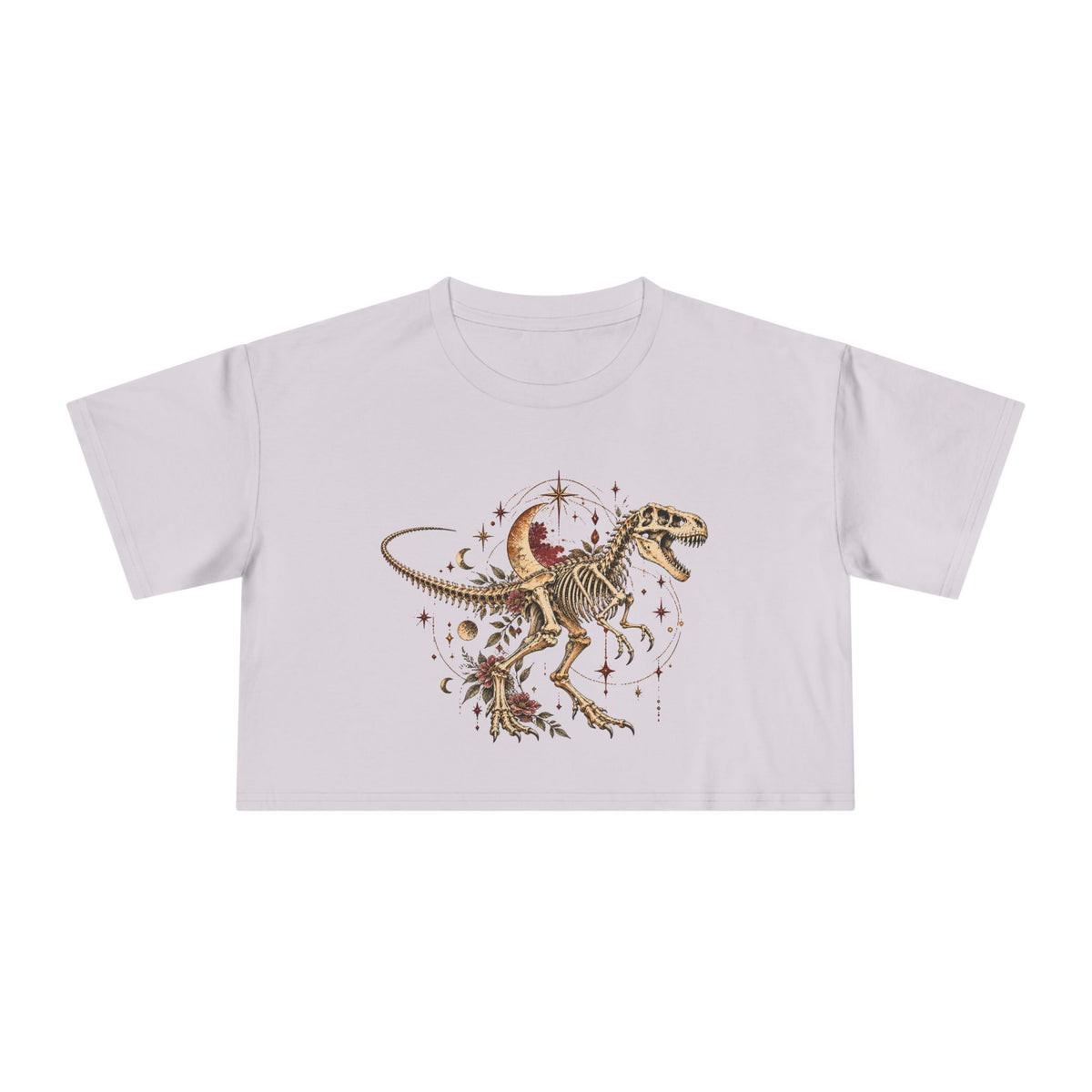 Celestial T-Rex Skeleton Crop Tee, Dark Academia Moon Stars Floral Dinosaur Women's Cropped T-Shirt