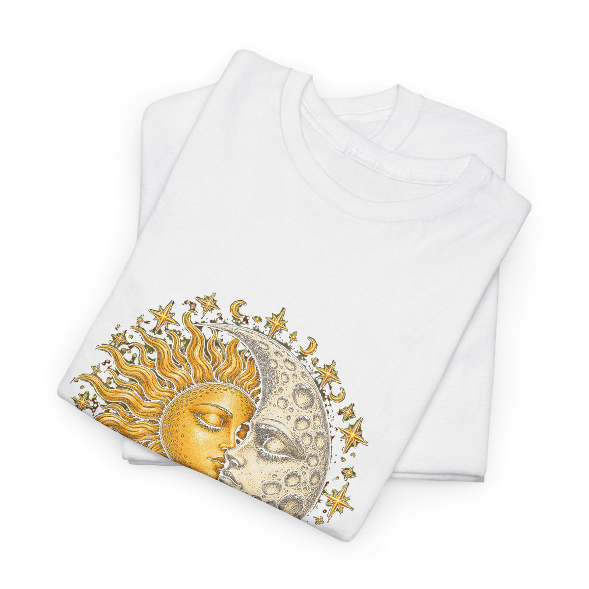 Celestial Sun and Moon Kiss T-Shirt Gold Silver Stars Romance Woodcut Tee