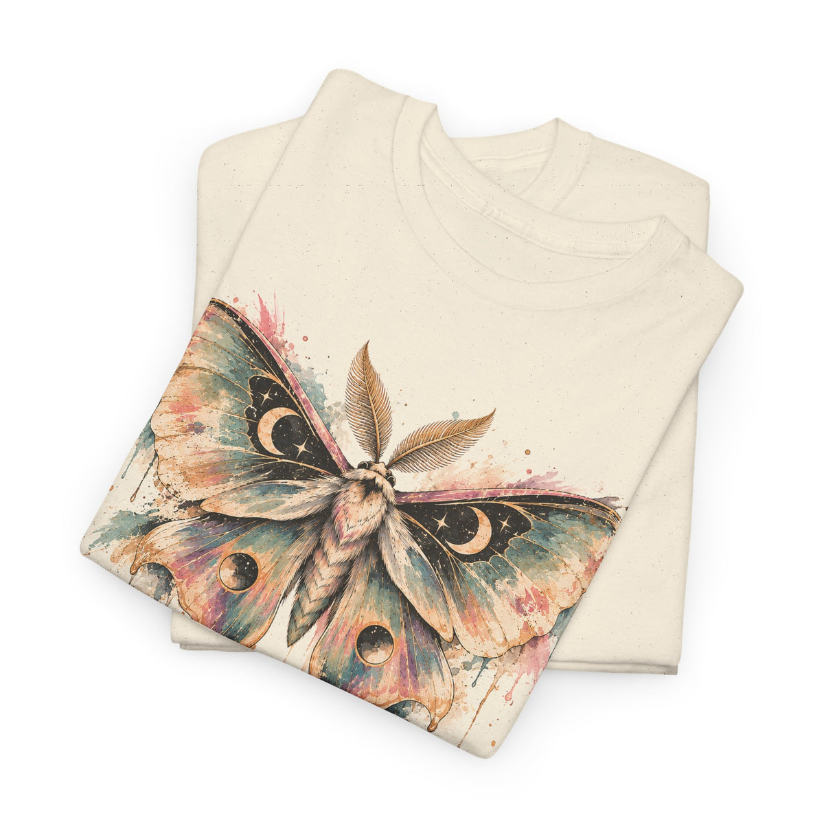 Celestial Luna Moth T-Shirt, Pastel Watercolor Moth Crescent Moon Stars Paint Drip Graphic Tee Unisex