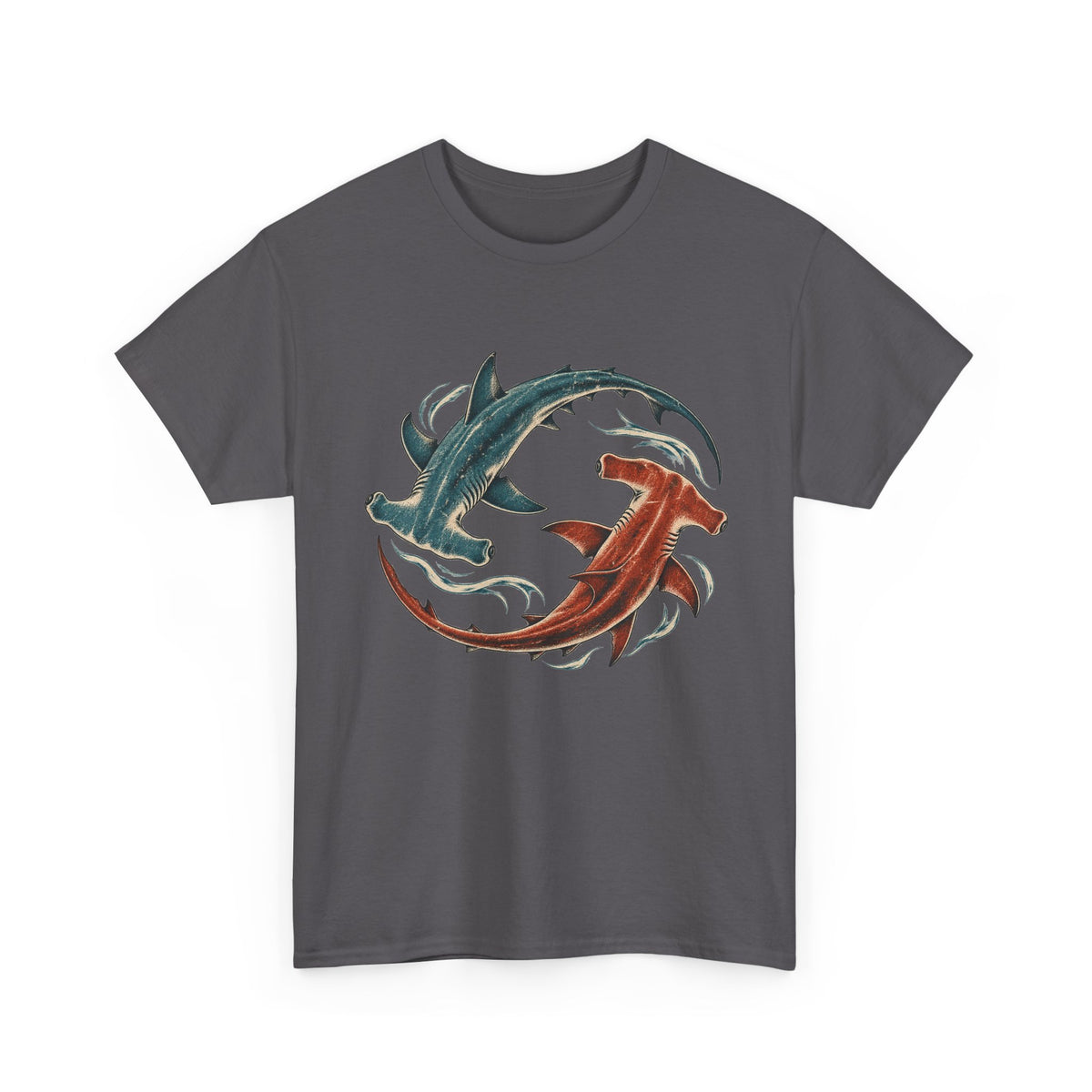 Twin Hammerhead Sharks T-Shirt Teal Orange Yin Yang Ocean Tee