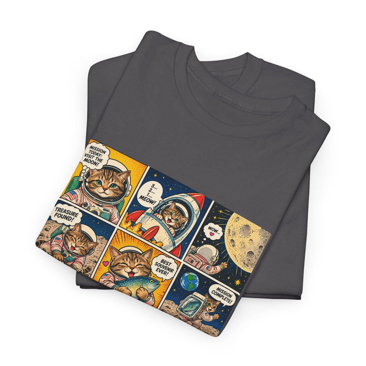 Astronaut Cat Comic T-Shirt, Space Cat Moon Mission Fish Funny Comic Strip Graphic Tee Unisex