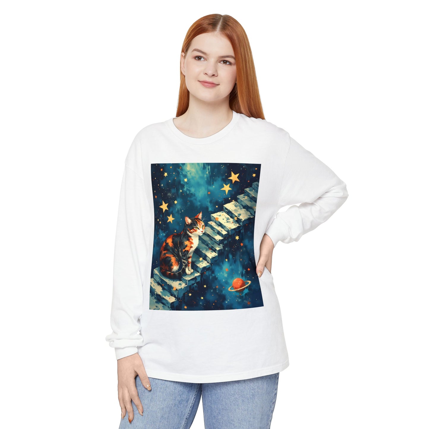 Long Sleeve T-Shirt - Cat on a Stairway to the Stars