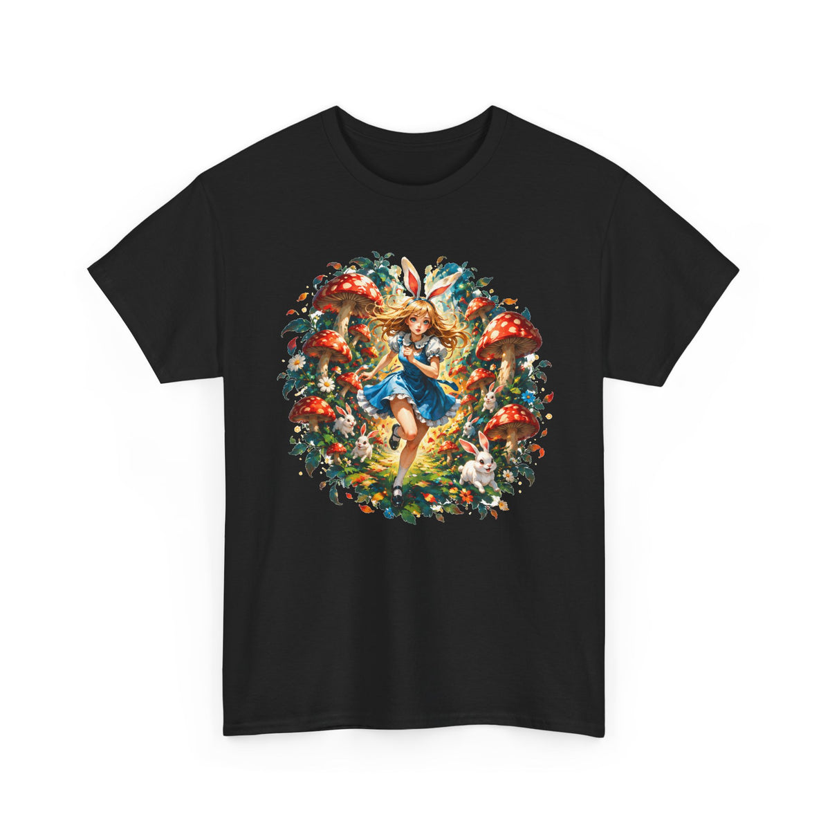 Wonderland Bunny Girl T-Shirt Red Mushroom White Rabbit Fairytale Forest Tee