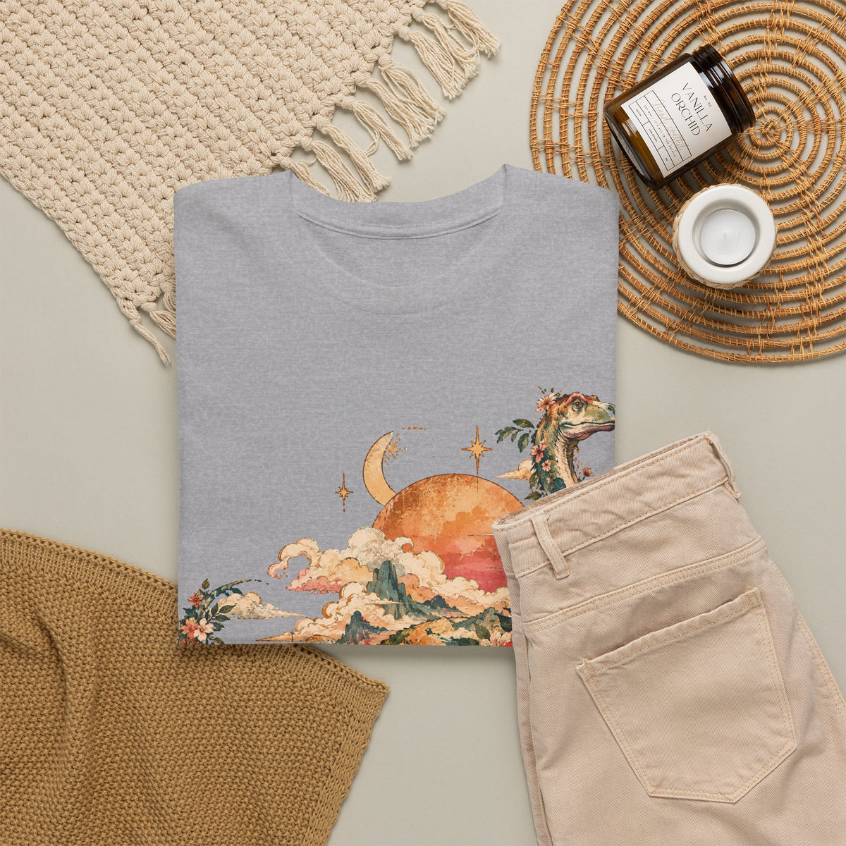 Floral Dinosaur T-Shirt, Vintage Brontosaurus Sunset Mountains Graphic Tee Unisex Nature Shirt