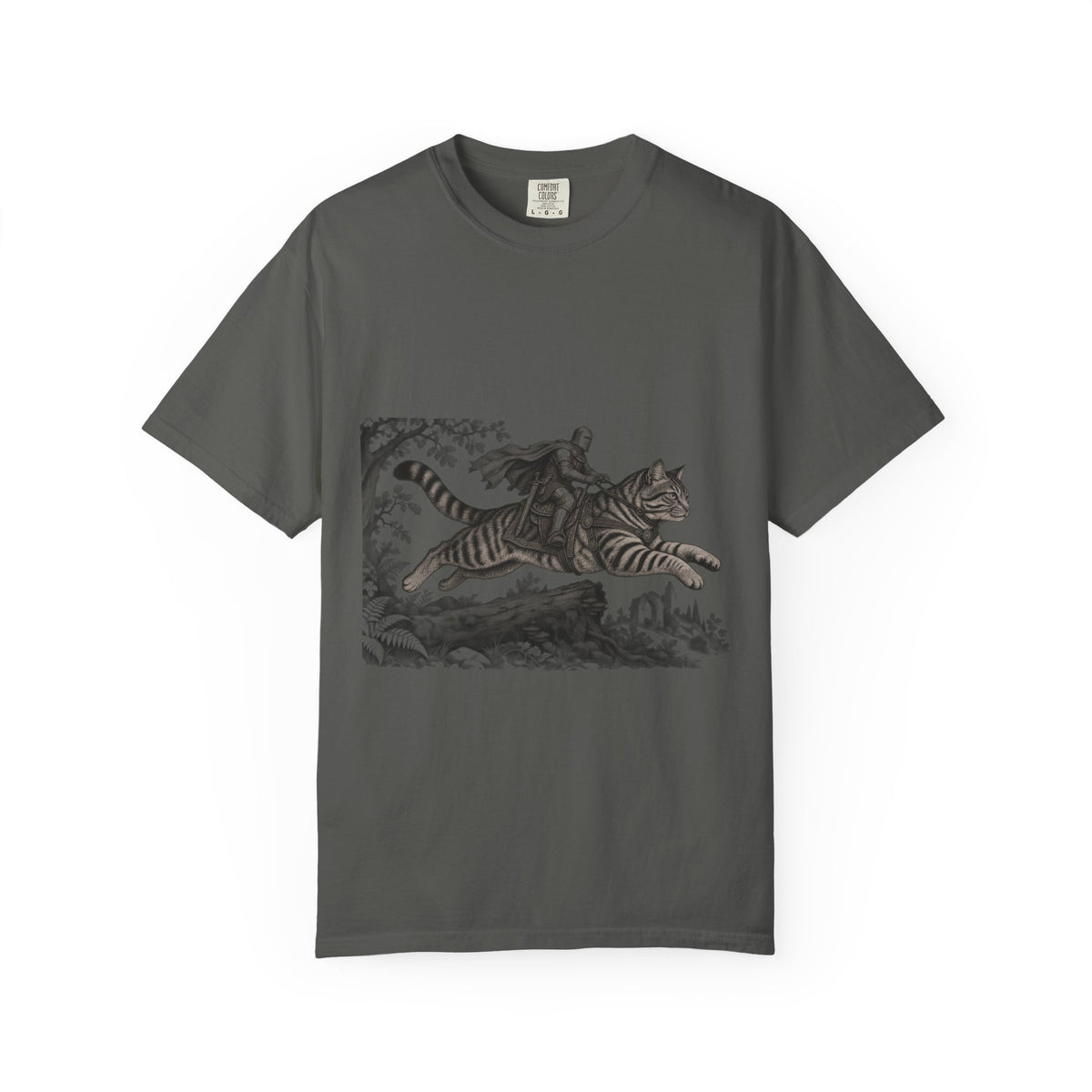 Medieval Knight Riding Leaping Tabby Cat Tee Dark Fantasy Moonlit Cat Shirt