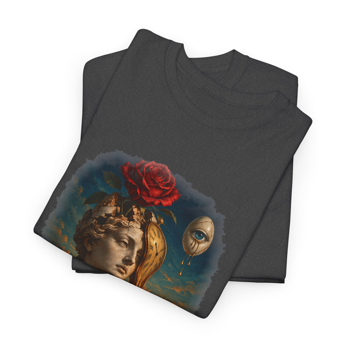 Surreal Rose Bust Melting Clock T-Shirt Dalí Style Desert Dream Tee